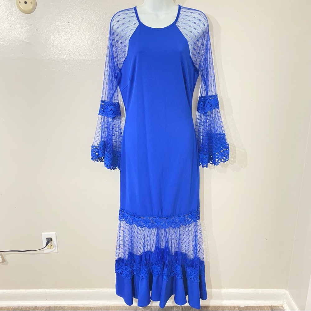 New Bell Sleeve Mesh Fit and Flare Royal Blue Women’s Formal Dress - Picture 10 of 10